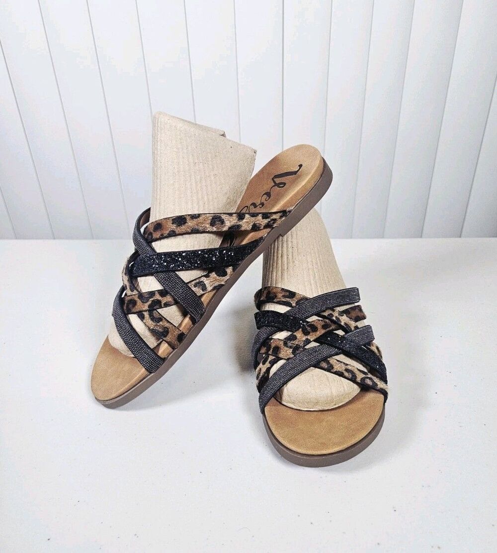 Very G Giselle Slide Sandals Size 7.5 Multi Strap Leopard Cheetah Caged Flat Y2k